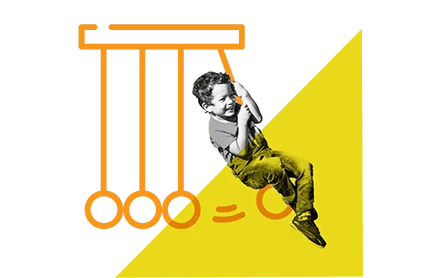 Illustration of student swinging on a newton's cradle